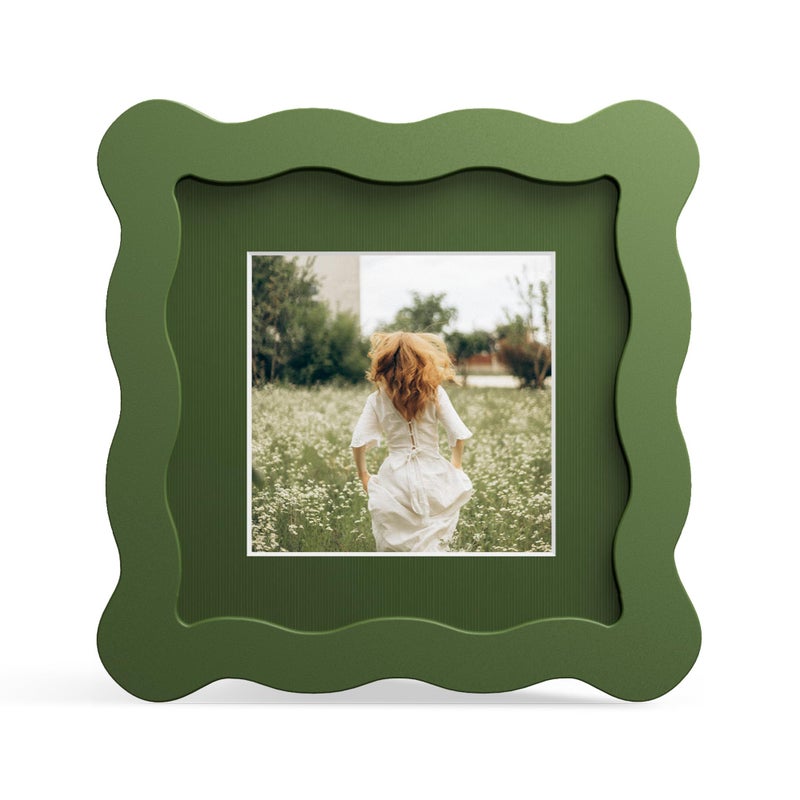 THKRLOF 4x4 Picture Frame with Mat for 3x3, Wavy Edge Wooden Real Glass Photo Frame for Tabletop and Wall Hanging, Green, 1 Pack - Image 1