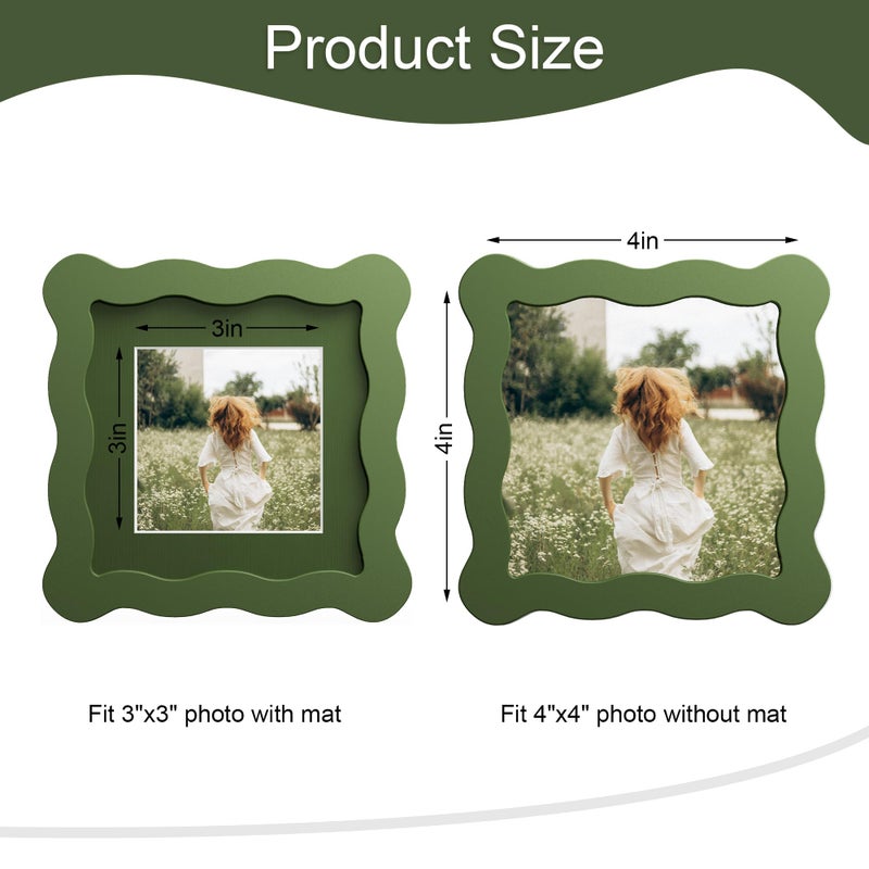 THKRLOF 4x4 Picture Frame with Mat for 3x3, Wavy Edge Wooden Real Glass Photo Frame for Tabletop and Wall Hanging, Green, 1 Pack - Image 3