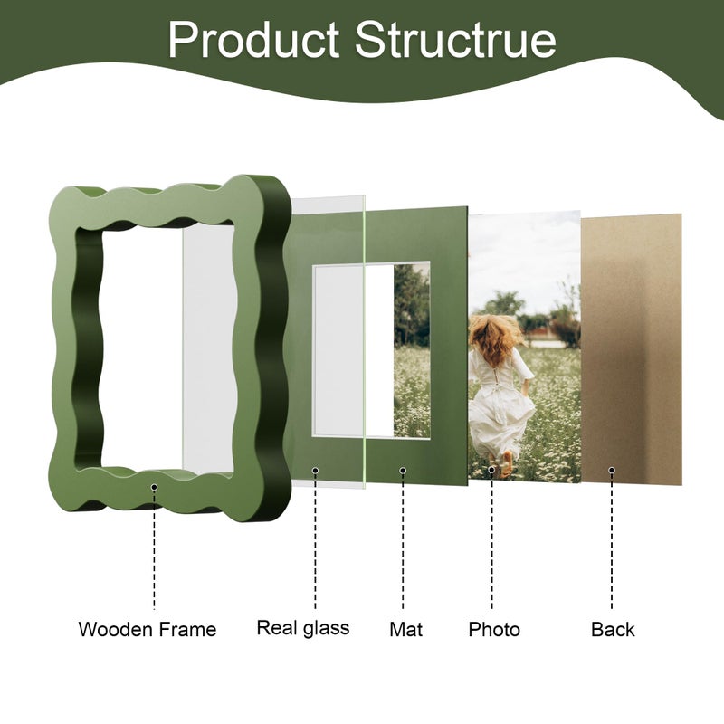 THKRLOF 4x4 Picture Frame with Mat for 3x3, Wavy Edge Wooden Real Glass Photo Frame for Tabletop and Wall Hanging, Green, 1 Pack - Image 5