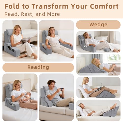 ESUERDO 5PCS Reading Pillow for Sitting in Bed Adult, 2 in 1 Foldable Back Wedge Pillow for Sleep, Ergonomic Back Support Pillow with Arms for Watching TV, Gaming, Working, Recovery, 19” Grey - Image 3