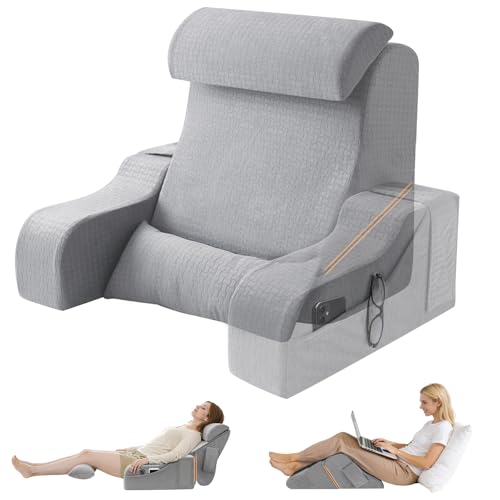 ESUERDO 5PCS Reading Pillow for Sitting in Bed Adult, 2 in 1 Foldable Back Wedge Pillow for Sleep, Ergonomic Back Support Pillow with Arms for Watching TV, Gaming, Working, Recovery, 19” Grey - Image 1