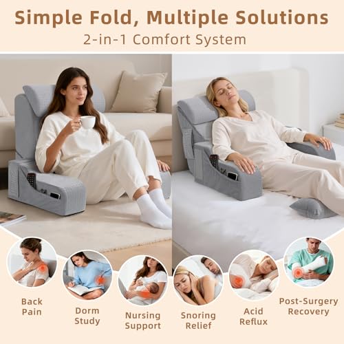 ESUERDO 5PCS Reading Pillow for Sitting in Bed Adult, 2 in 1 Foldable Back Wedge Pillow for Sleep, Ergonomic Back Support Pillow with Arms for Watching TV, Gaming, Working, Recovery, 19” Grey - Image 2