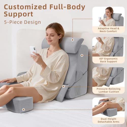 ESUERDO 5PCS Reading Pillow for Sitting in Bed Adult, 2 in 1 Foldable Back Wedge Pillow for Sleep, Ergonomic Back Support Pillow with Arms for Watching TV, Gaming, Working, Recovery, 19” Grey - Image 4