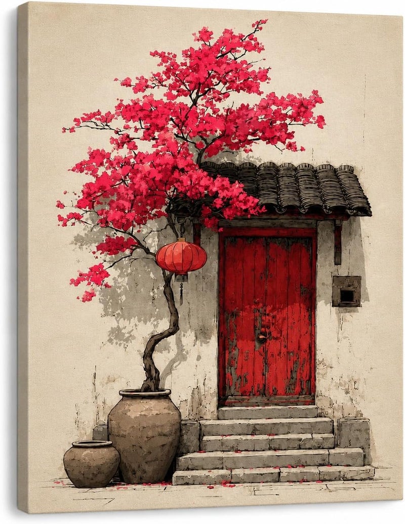 ARS Graphics ARS® Canvas Wall Art 40 X 70 CM Traditional Chinese Painting with Vintage Door, Red Lantern, and Blooming Pink Cherry Tree - Image 1