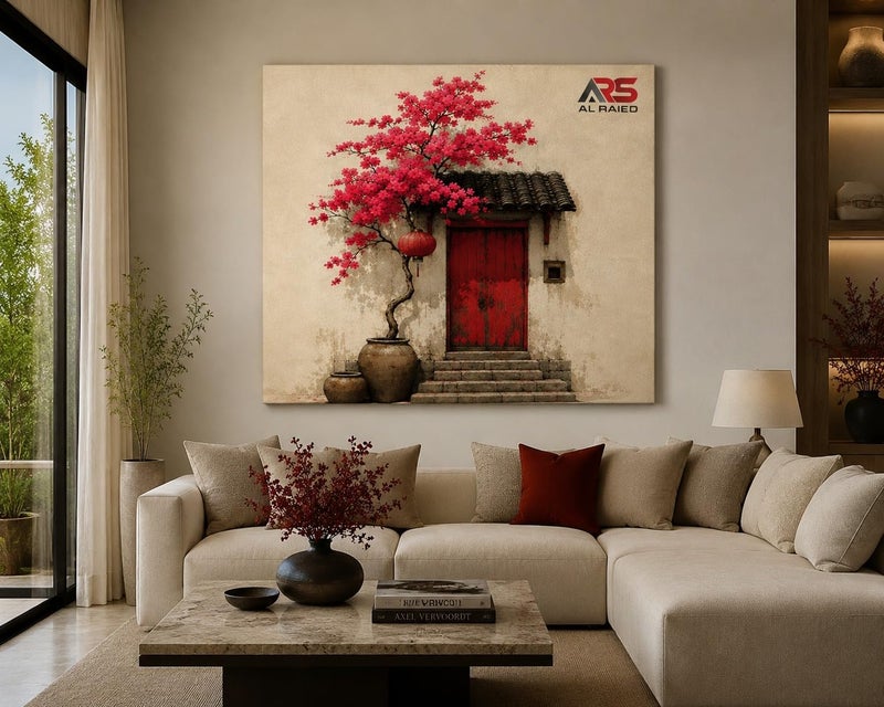 ARS Graphics ARS® Canvas Wall Art 40 X 70 CM Traditional Chinese Painting with Vintage Door, Red Lantern, and Blooming Pink Cherry Tree - Image 2