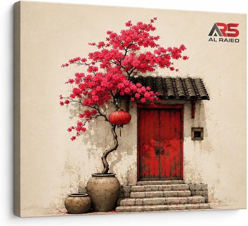 ARS Graphics ARS® Canvas Wall Art 40 X 70 CM Traditional Chinese Painting with Vintage Door, Red Lantern, and Blooming Pink Cherry Tree - Image 3