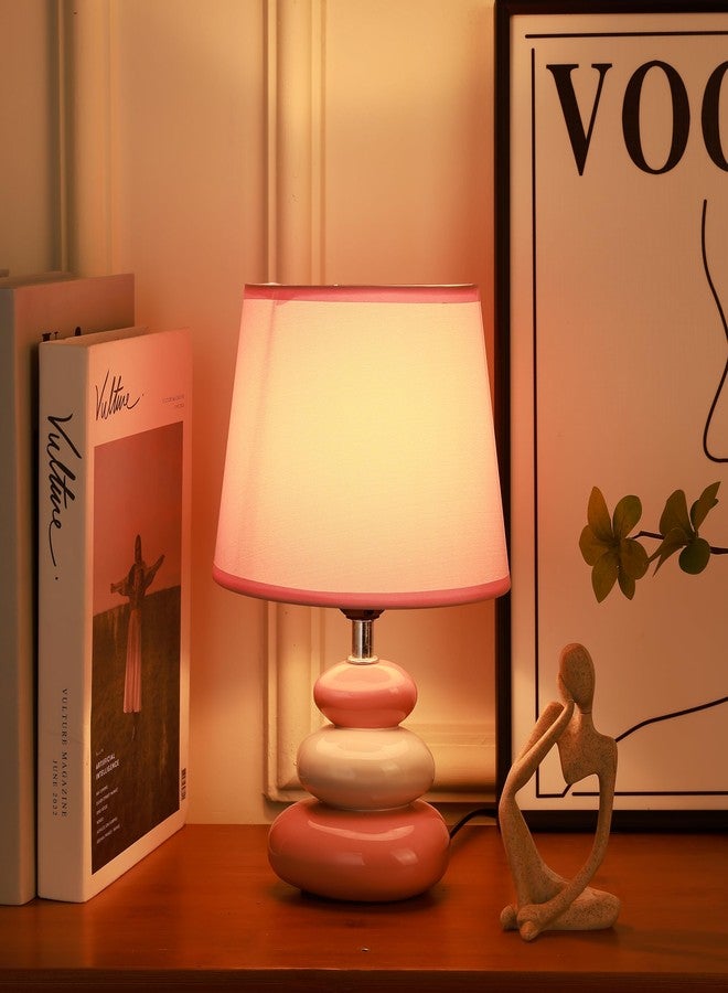 HOME ELEMENTS Modern Ceramic Table Lamp with Fabric Shade Bedside Night Light for Bedroom Living Room Study Lamp Reading Desk lamp Nightstand Lamp Home Decor Items Stone Design (Pink) - Image 1