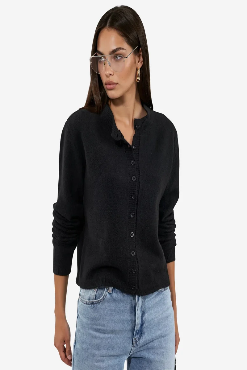 Viorna VIORNA Ribbed Crew Neck Button Cardigan