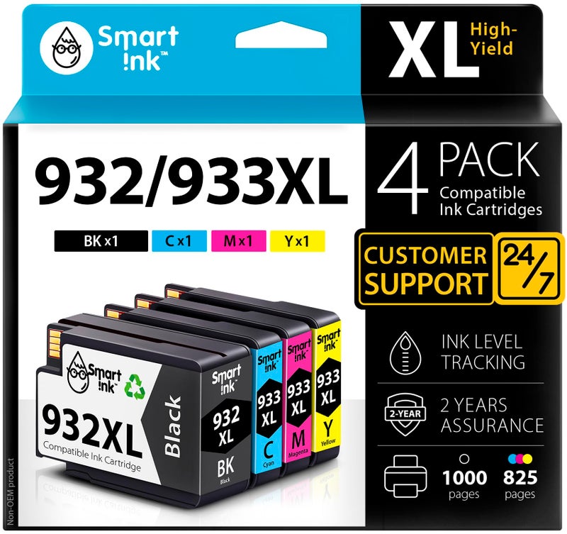 Smart Ink Compatible Ink Cartridge Replacement for HP 932XL 933XL 932XL 933 XL 4 Combo Pack (XL Black, Cyan, Magenta Yellow) to use with HP Officejet 6100 6600 6700 7110 7510 7610 7612 7620 Printers - Image 1