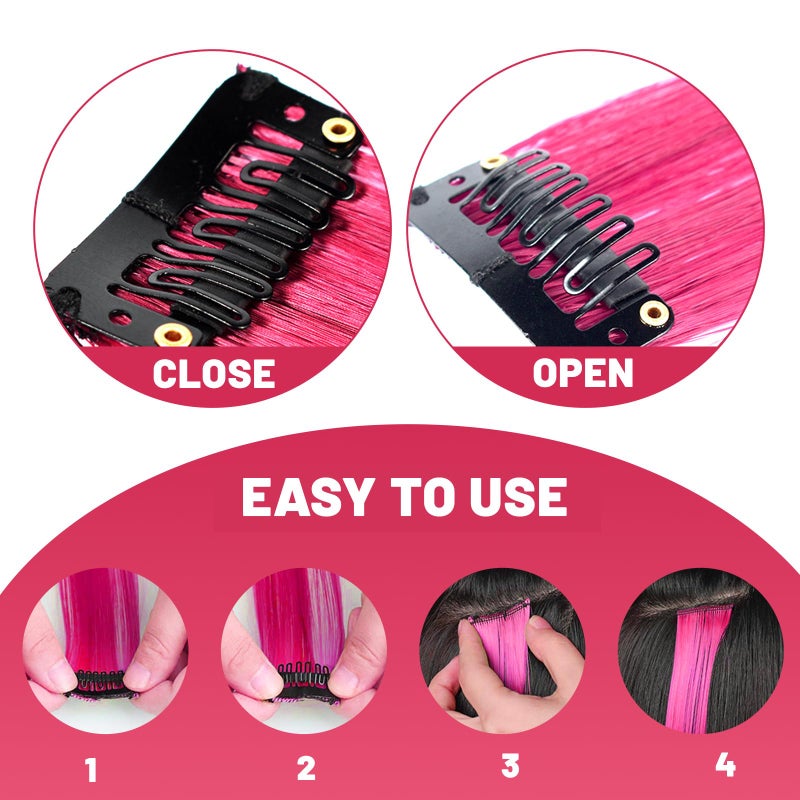 TOFAFA 22 inch Colored Hair Extensions Straight Hairpiece, Colorful Party Highlights Clip in Long Synthetic Hair Extensions for Women Kids Girls Favor Gift(10 PCS Hot Pink) - Image 3