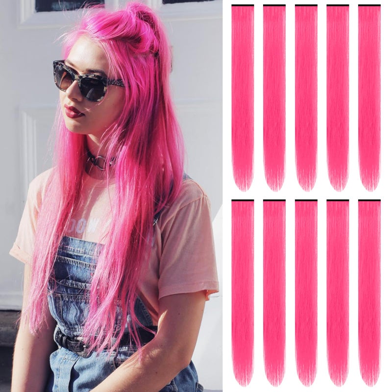TOFAFA 22 inch Colored Hair Extensions Straight Hairpiece, Colorful Party Highlights Clip in Long Synthetic Hair Extensions for Women Kids Girls Favor Gift(10 PCS Hot Pink) - Image 1