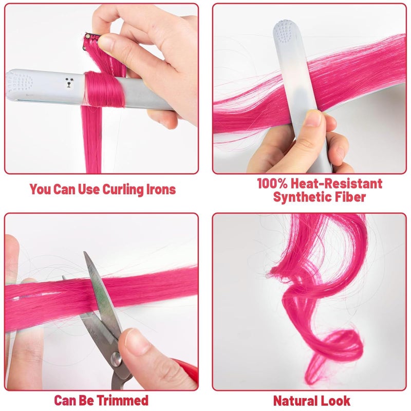 TOFAFA 22 inch Colored Hair Extensions Straight Hairpiece, Colorful Party Highlights Clip in Long Synthetic Hair Extensions for Women Kids Girls Favor Gift(10 PCS Hot Pink) - Image 5