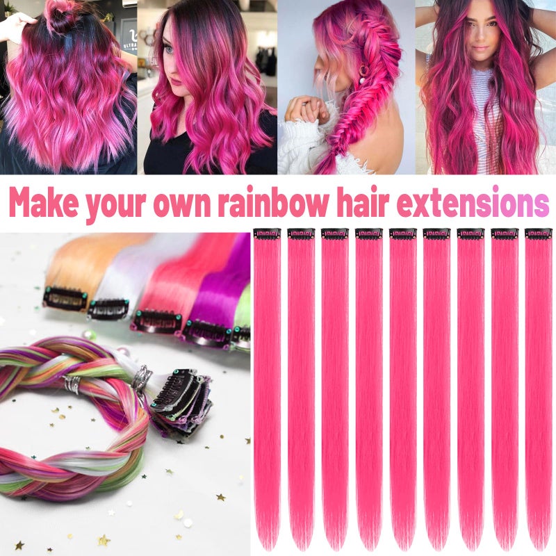TOFAFA 22 inch Colored Hair Extensions Straight Hairpiece, Colorful Party Highlights Clip in Long Synthetic Hair Extensions for Women Kids Girls Favor Gift(10 PCS Hot Pink) - Image 2