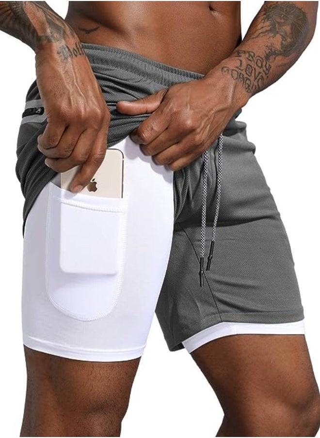 NIBEMINENT Men's 2 in 1 Fitness Running Shorts Lined Lightweight Training Yoga Gym 7 Inch Shorts with Zipper Pockets  - Image 1