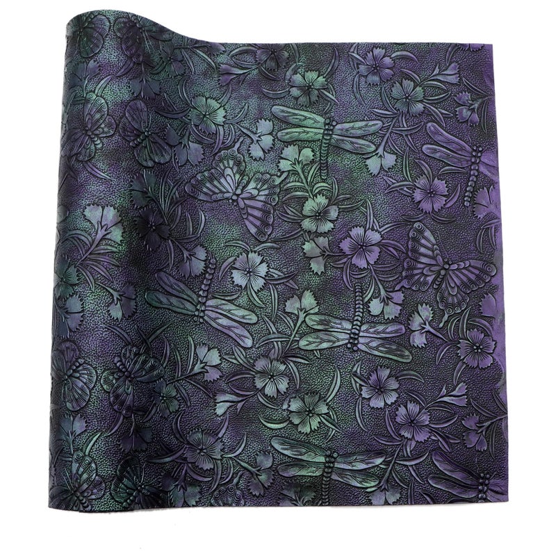 David accessories Butterfly Gragonfly Flowers Bump Texture Faux Leather Sheet 1 Pc 11" x 55" (30x140cm) Printed Faux Leather Fabric for DIY Bows Earrings Making Crafts (Butterfly&Gragonfly&Flowers A) - Image 1