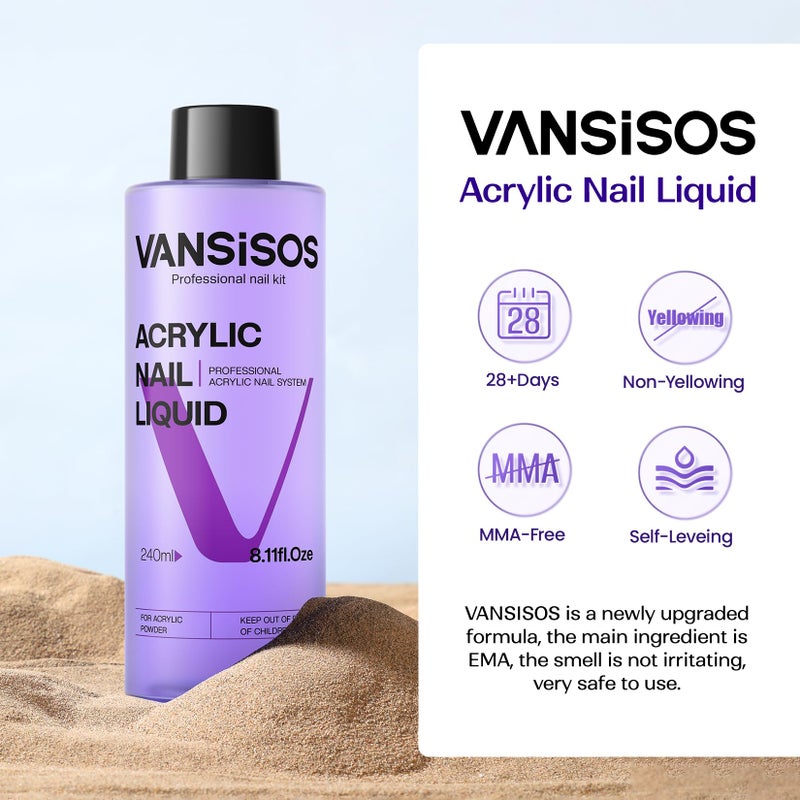 VANSISOS Professional Acrylic Nail Liquid: 8fl.oz Acrylic Liquid for Acrylic Powders Non-Yellowing for MMA-Free DIY Home Nail Salon Use - Image 2