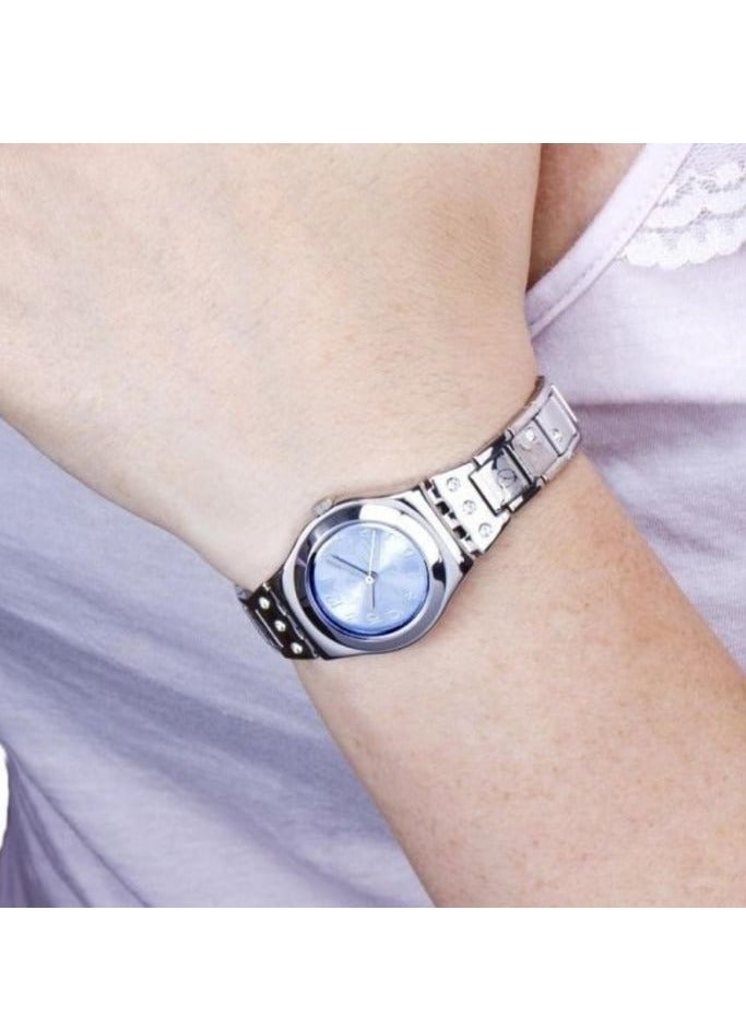 Swatch Women's Blue Dial Stainless Steel Band Watch, Model YSS222G, Analog - Image 2