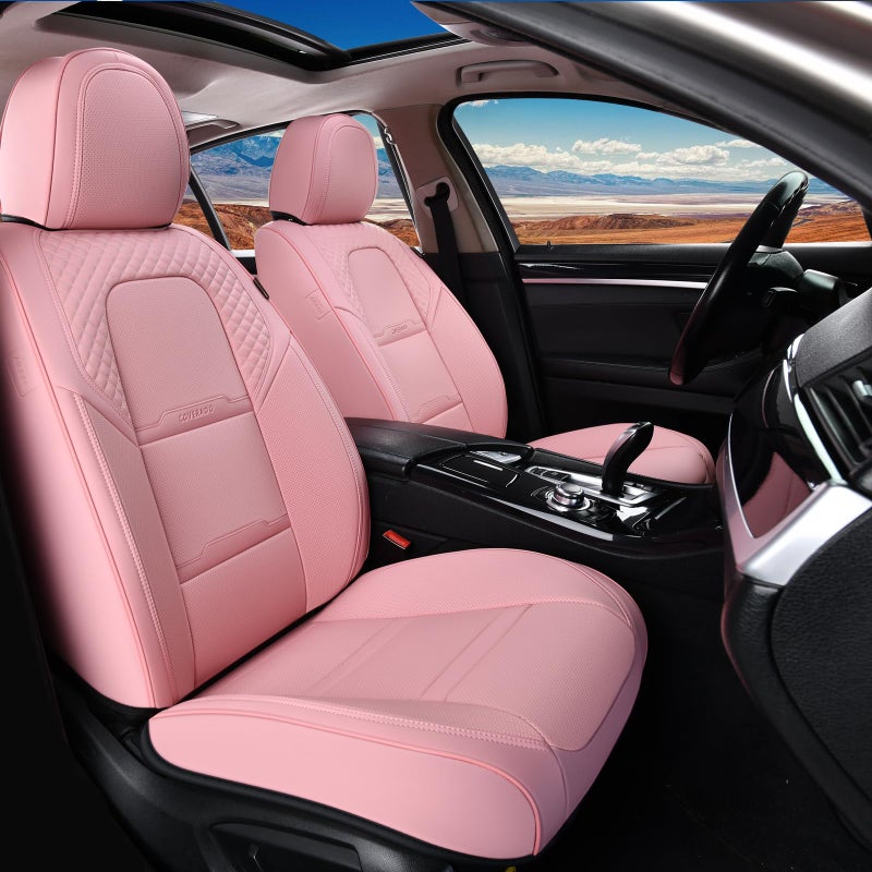 Coverado Car Seat Covers Front Seats, 2 Piece Car Seat Protector with Removable Headrest, Nappa Leather Breathable Seat Cushion Universal Fit for Truck Automotive Most of Cars Pink - Image 1