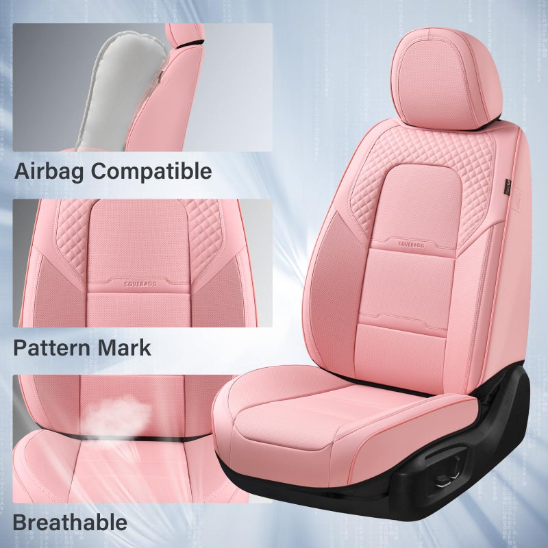Coverado Car Seat Covers Front Seats, 2 Piece Car Seat Protector with Removable Headrest, Nappa Leather Breathable Seat Cushion Universal Fit for Truck Automotive Most of Cars Pink - Image 3