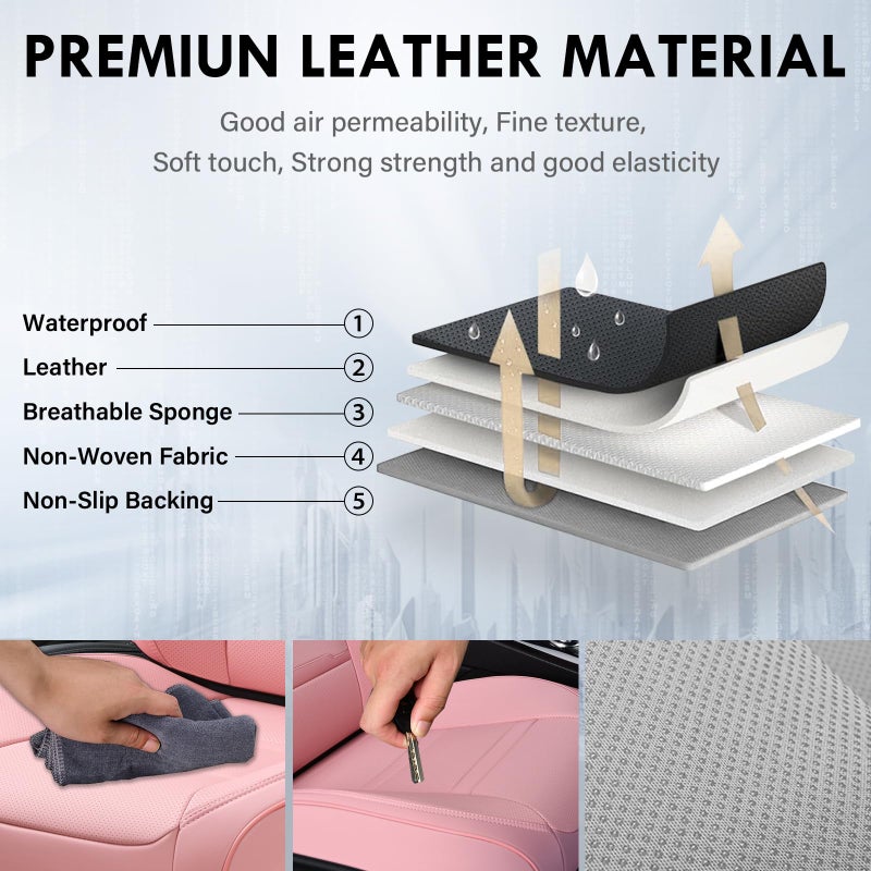 Coverado Car Seat Covers Front Seats, 2 Piece Car Seat Protector with Removable Headrest, Nappa Leather Breathable Seat Cushion Universal Fit for Truck Automotive Most of Cars Pink - Image 4