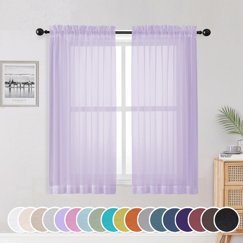 OWENIE Light Purple Sheer Curtains 54 Inch Length 2 Panels Set  Rod Pocket Voile Sheer Curtains & Drapes for Bedroom/Living Room  Soft Sheer Short Curtains for Windows  Total 84Wx54L inch  Lavender - Image 1