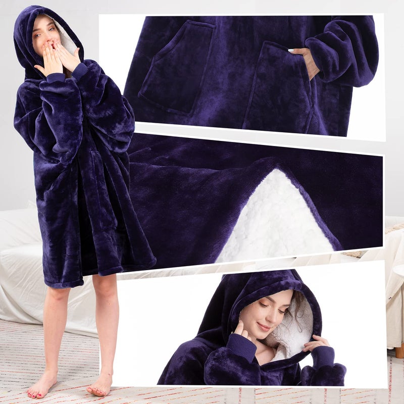 Aemicion Oversized Wearable Blanket Hoodie,Super Cozy Sherpa Hoodie Blanket, Big Thick Warm Soft Blanket Sweatshirt for Women Men-Dark Purple - Image 4