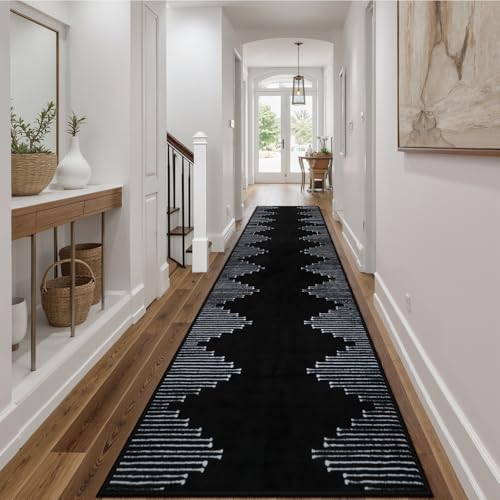 Seavish Runners for Hallways Non Slip 2.6x10 Low Pile Soft Black Carpet Runners Modern Geometric Faux Wool Entryway Rugs Indoor Decor Non Shedding Neutral Rugs for Entrance Kitchen Foyer Living Room - Image 1