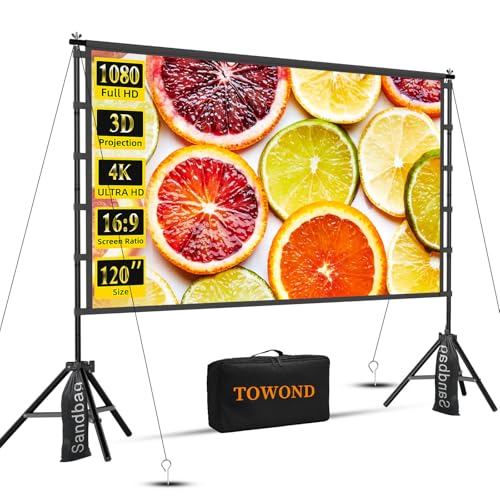 TOWOND Outdoor Projector Screen with Stand, TOWOND 120 inch Portable Movie Screen, 16:9 HD Foldable Anti-Crease Projection Screen with Carry Bag for Home Theater Outdoor Indoor Support Double Sided - Image 1