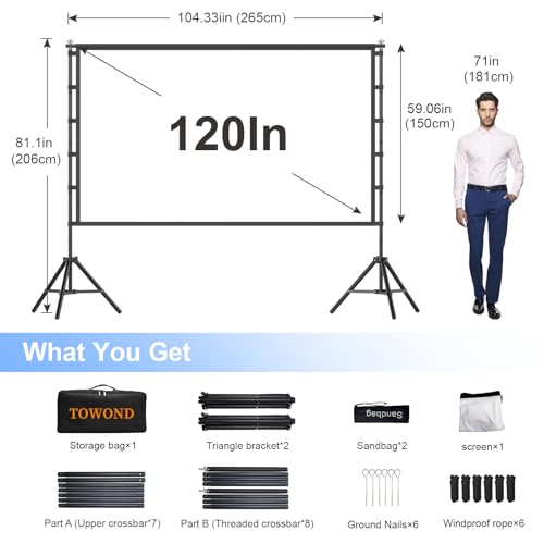 TOWOND Outdoor Projector Screen with Stand, TOWOND 120 inch Portable Movie Screen, 16:9 HD Foldable Anti-Crease Projection Screen with Carry Bag for Home Theater Outdoor Indoor Support Double Sided - Image 3