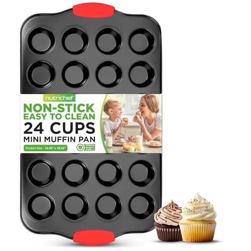 NutriChef 24Cup Nonstick Mini Muffin Pan with Red Silicone Handles Carbon Steel Bakeware Tray for Savory Sweet Treats Dishwasher Safe Black