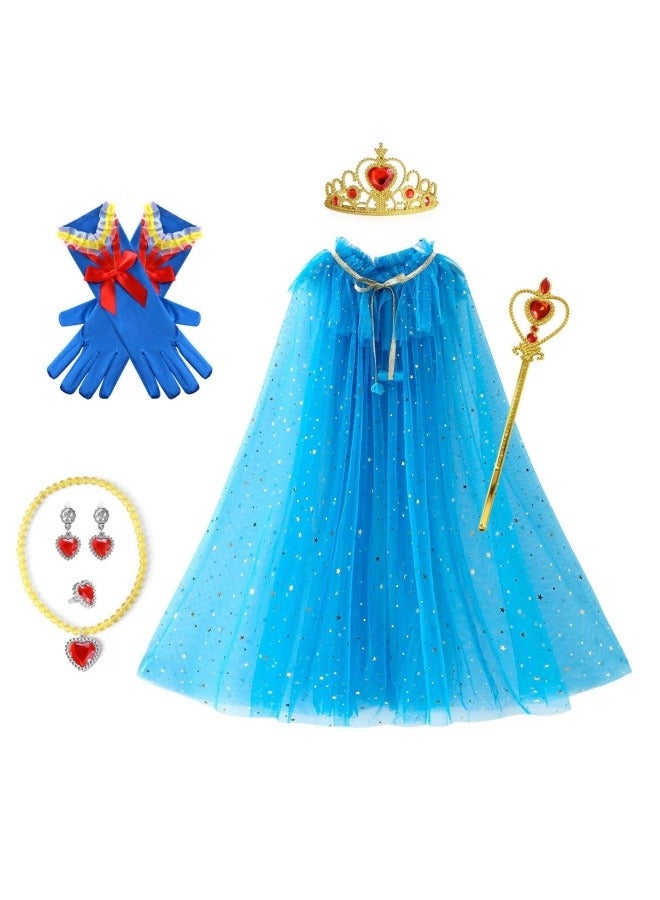 جيجيرو مجموعة رأس الأميرة مكونة من 9 قطع فستان الأميرة للفتيات وعباءة الحفلات التنكرية مع مجوهرات تاج تاج وقفازات عصا (أزرق 75 سم) - Image 1