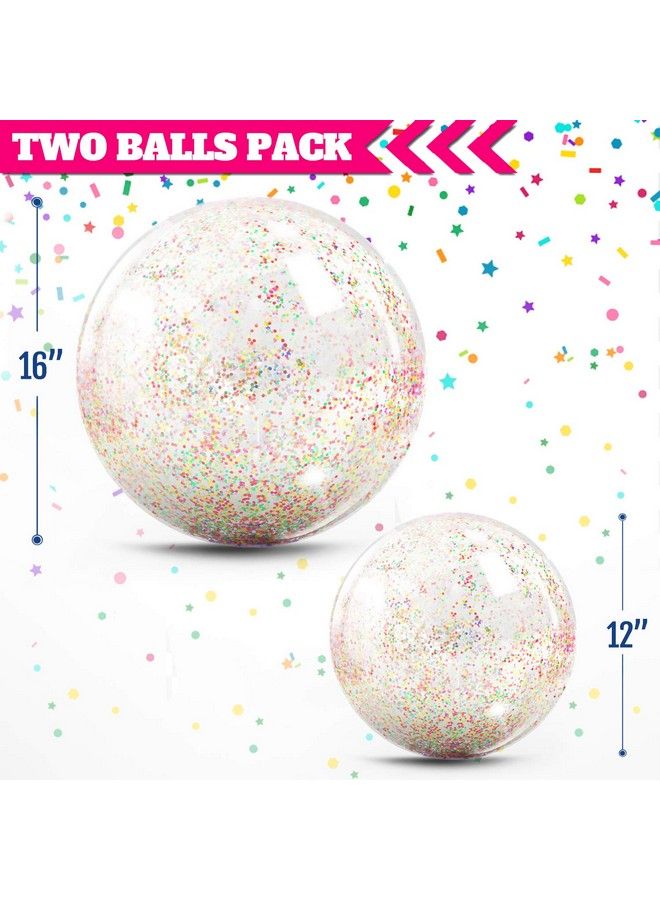 Inflatable Clear Sports Beach Balls With Rainbow Sequin Glitter & Confetti Summer Beach Pool Party Toy Volleyball Soccer Game & More 2 Pcs Giant Value Pack (16 In & 12 In)