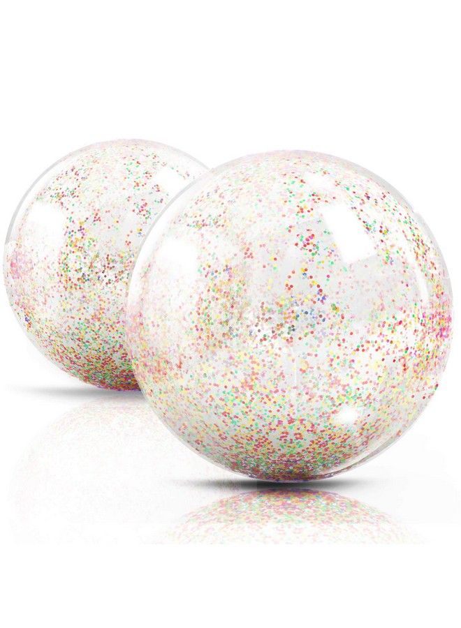 Inflatable Clear Sports Beach Balls With Rainbow Sequin Glitter & Confetti Summer Beach Pool Party Toy Volleyball Soccer Game & More 2 Pcs Giant Value Pack (16 In & 12 In)