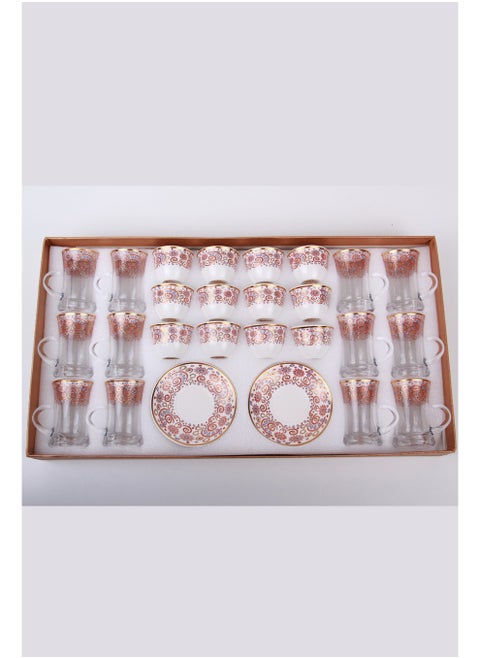 A set of tea cups and coffee cups with saucers.