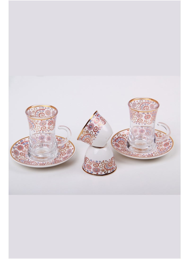 A set of tea cups and coffee cups with saucers.