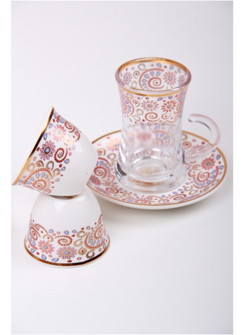 A set of tea cups and coffee cups with saucers.