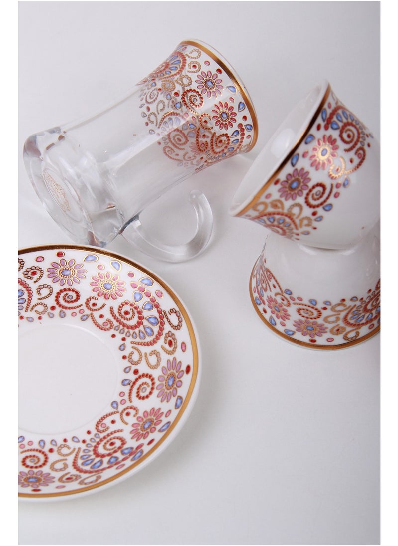 A set of tea cups and coffee cups with saucers.
