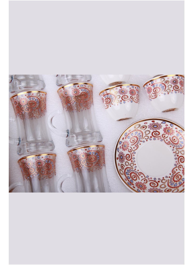 A set of tea cups and coffee cups with saucers.