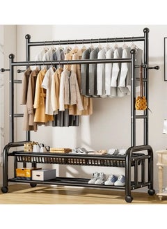 2-in-1 mobile clothes hanger with a luxurious black design, with bottom shelves and multiple hangers