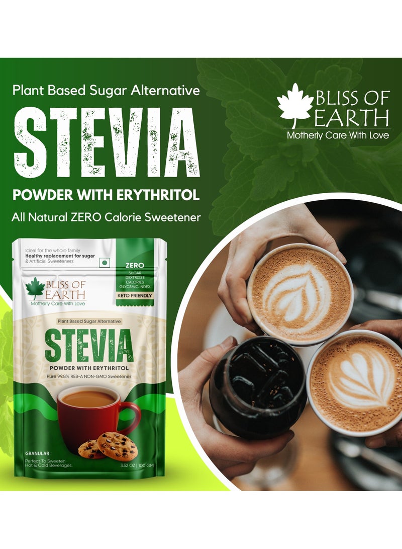 بليس اوف ايرث بليس أوف إيرث ستيفيا بودرة ستيفيا مع الإريثريتول | مسحوق ستيفيا طبيعي | بديل طبيعي للسكر الطبيعي الخالي من السعرات الحرارية للشاي والقهوة والكيتو والسكر الغذائي والصديق لمرضى السكري | - 100 جم - Image 2