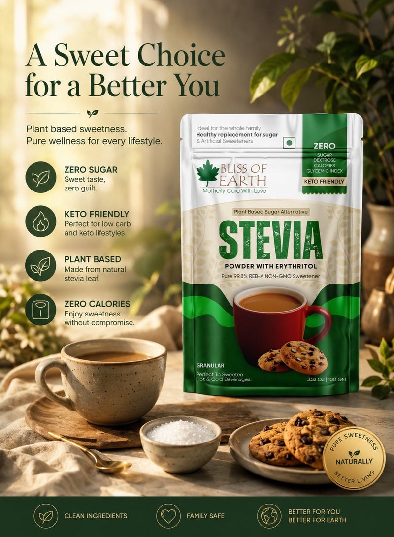Bliss of Earth 99.8% Reb-A Stevia Powder With Erythritol 100g, Zero Calorie Plant Based Sugar Substitute, Diet Sugar - Image 2