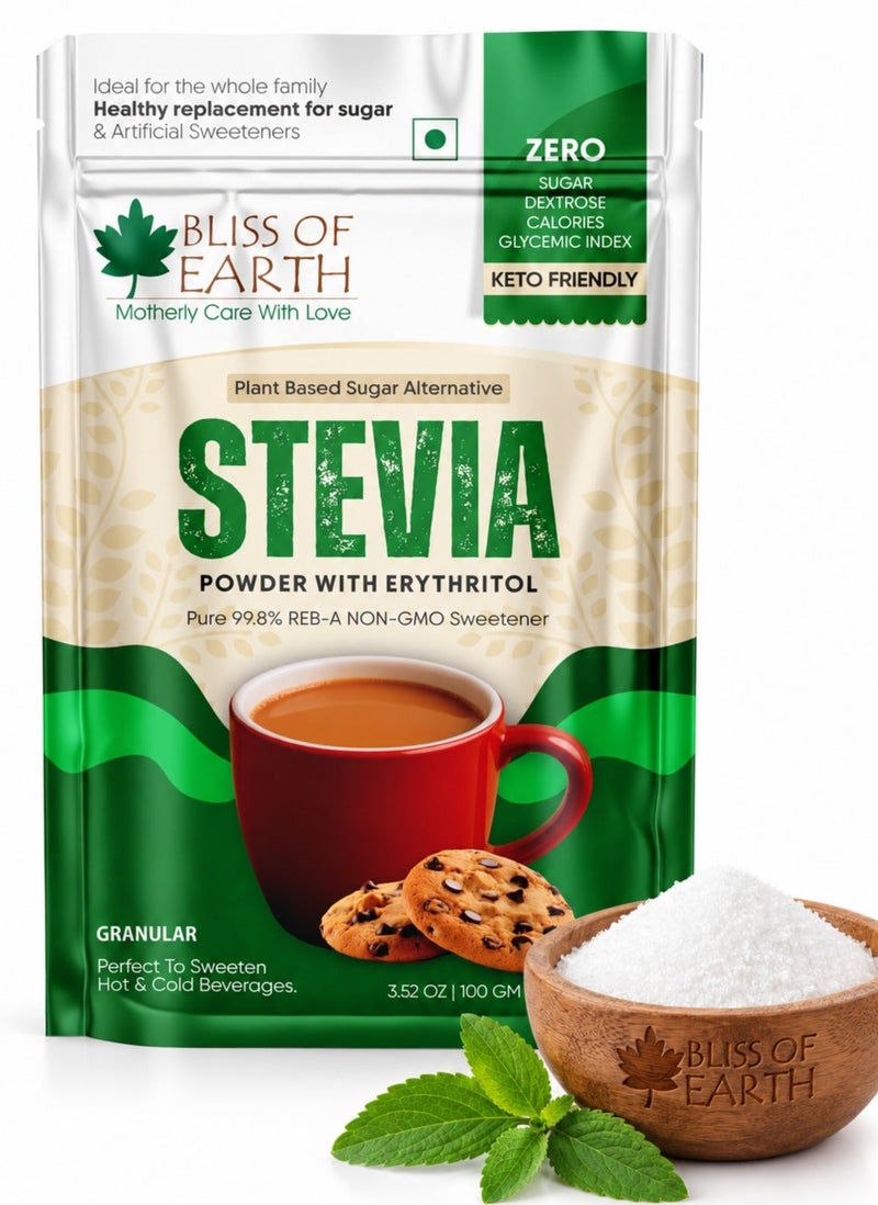 Bliss of Earth Stevia Powder with Erythritol 100g | High-Purity 99.8% Reb-A Stevia Sugar | Zero Glycemic Index After-Taste Free Diet Sugar | Non-GMO, Zero-Calorie & Keto-Friendly. - Image 1