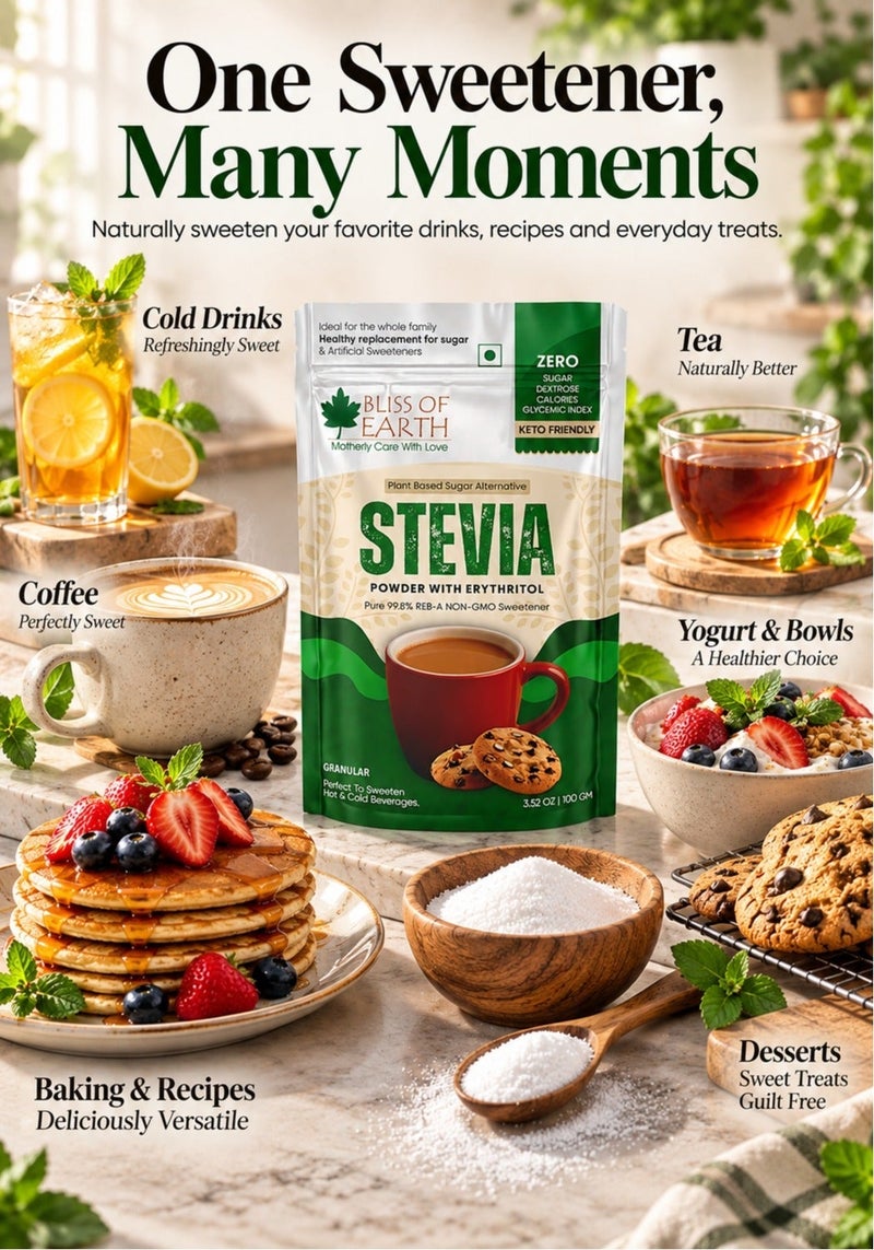 Bliss of Earth Stevia Powder with Erythritol 100g | High-Purity 99.8% Reb-A Stevia Sugar | Zero Glycemic Index After-Taste Free Diet Sugar | Non-GMO, Zero-Calorie & Keto-Friendly. - Image 5