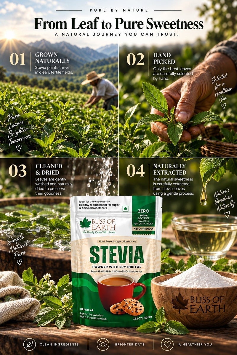 Bliss of Earth Stevia Powder with Erythritol 100g | High-Purity 99.8% Reb-A Stevia Sugar | Zero Glycemic Index After-Taste Free Diet Sugar | Non-GMO, Zero-Calorie & Keto-Friendly. - Image 3