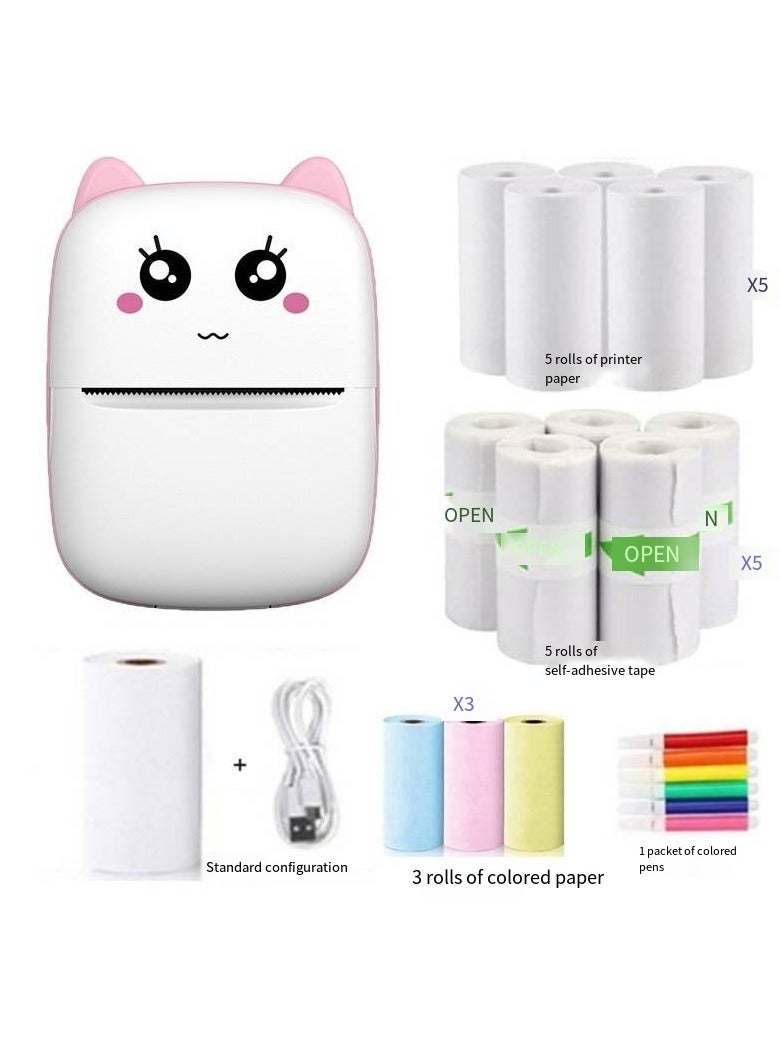 Mini Portable Thermal Printer, 1 Roll, 3 Rolls Of Color Paper +5 Rolls Of Thermal Paper +5 Rolls Of Self-Adhesive Paper + 1 Pack Of Color Pens - Image 1