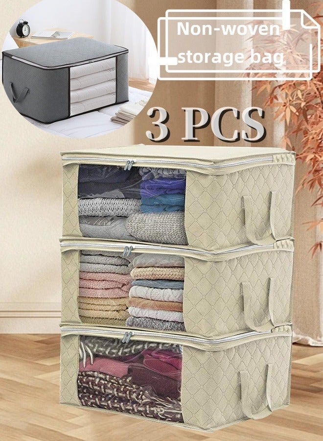 3 Pcs Household Clothes Storage Bag Non-Woven Cloth Storage Bag With Zips Household Quilt Finishing Bag Foldable Clothes Storage Bag Large Capacity Bedding Duvet Organizer Box (Beige) - Image 1