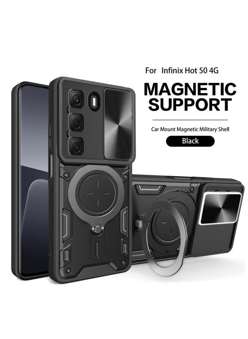 Generic Case Cover for Infinix Hot 50 Pro+ 4G, Slide Camera Lens Cover, 360°Rotating Kickstand Ring, Bumper Shockproof Phone Case，Compatible with Car Magnetic Mount Mobile Phone Case for Infinix Hot 50 Pro+ 4G Black 
