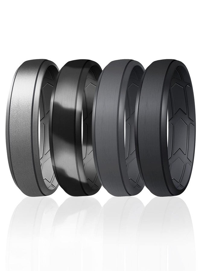 ROQ Breathable Silicone Rings for Men - Inner Arrow Shape Grooves for Enhanced Breathability - Classic Mens Silicone Rubber Wedding Ring Band - Black, Grey, Silver Colors - Size 10 - Image 1
