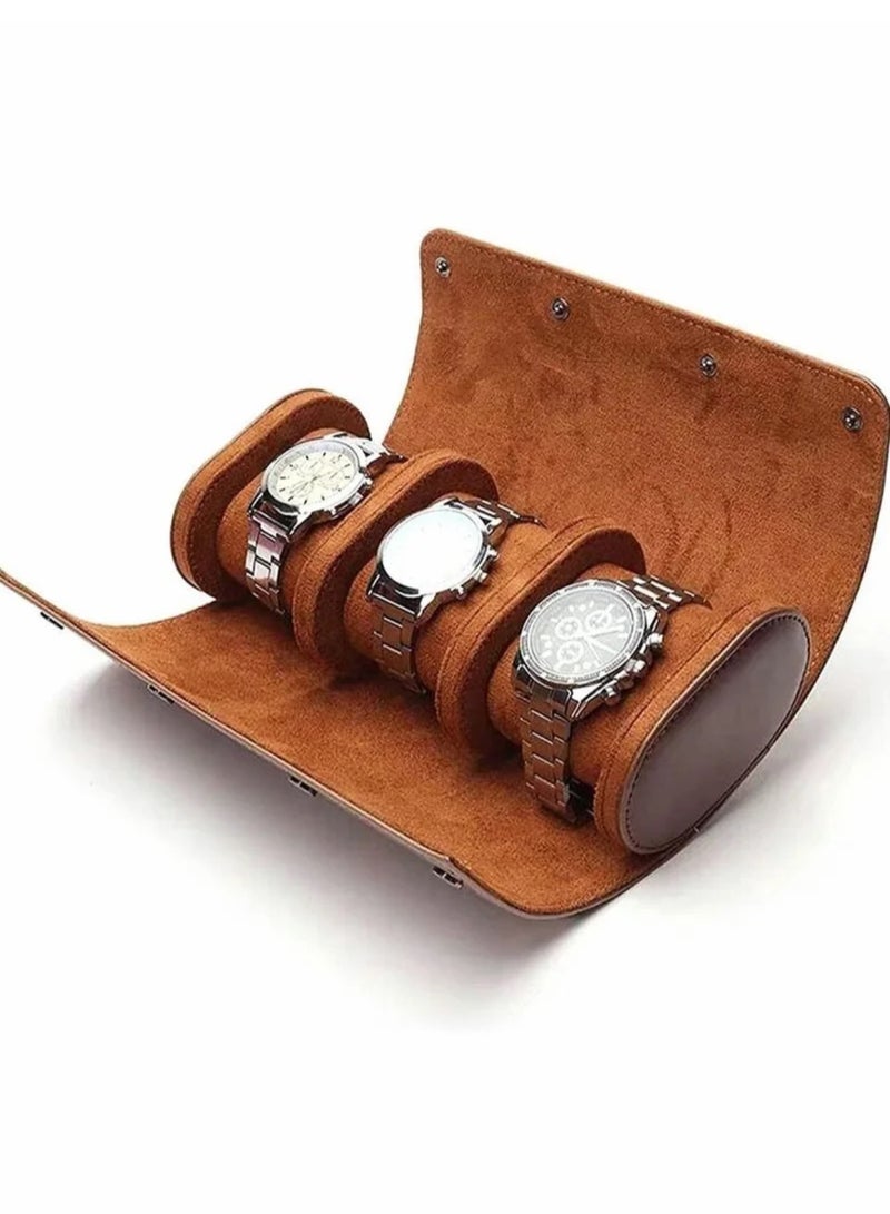 Watch Roll Travel Case for Men and Women 3 Watch Storage and PU Leather Organizer Secure Storage with Innovative Removable Pillows and Solid Dividers for Home Storage Travel and Display Brown - Image 1