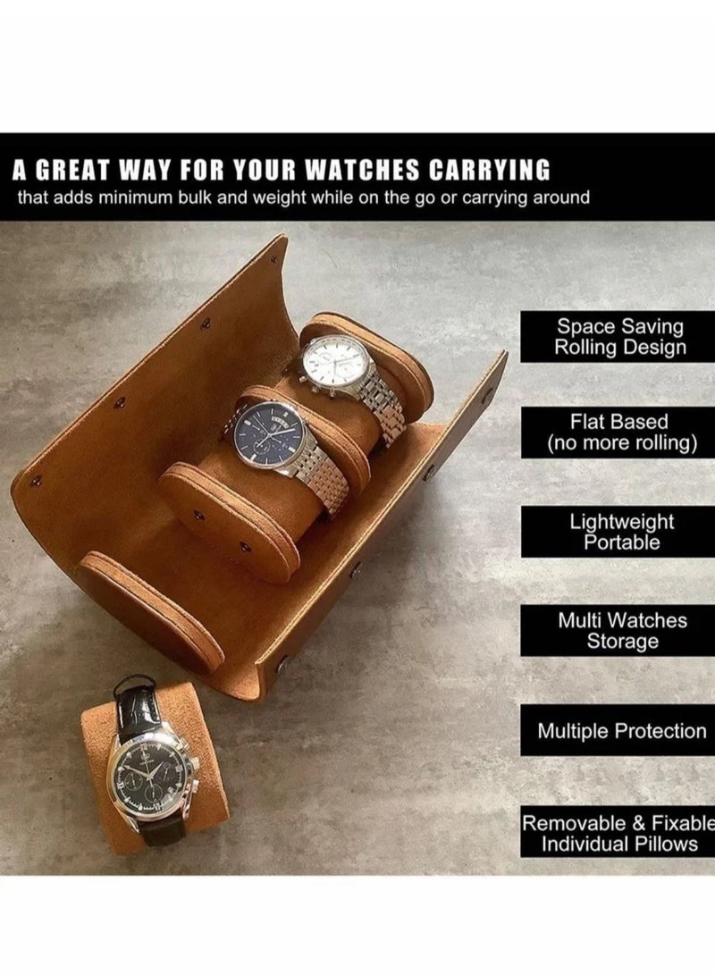 Watch Roll Travel Case for Men and Women 3 Watch Storage and PU Leather Organizer Secure Storage with Innovative Removable Pillows and Solid Dividers for Home Storage Travel and Display Brown - Image 4